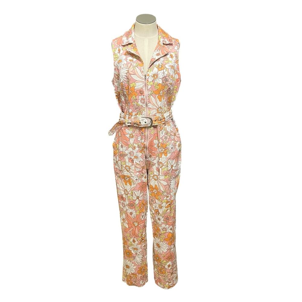 Retro 70s Boho Skies are Blue Floral Daisy Denim Belted Hippie Jumpsuit Sz M